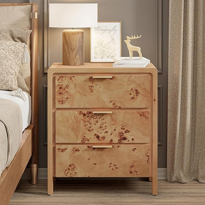 COZAYH Set of 2 Burl Finish 3 Drawer Nightstand, Wood Rustic Farmhouse Dresser, Vintage Accent Storage Bedside Table for Bedroom Entryway, Fully Assembled, Natural