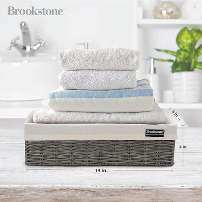 Brookstone Wicker Storage Basket Two Pack Set, Bathroom and Closet Organizers and Storage Bins with Fabric Liner, Grey