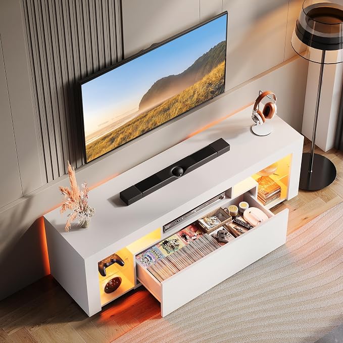 WLIVE TV Stand with LED Lights & 2 Large Storage Drawers, Modern Entertainment Center for 32/43/50/55/60 Inchs TVs, Sturdy TV Console for Living Room, Bedroom(White)