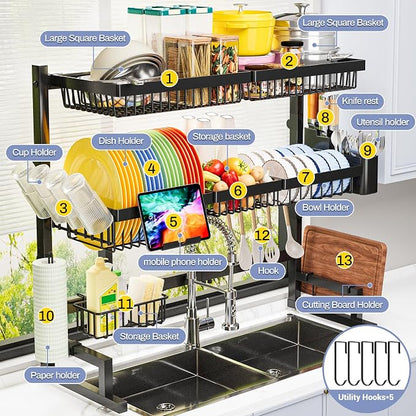 ADBIU Over The Sink Dish Drying Rack (Expandable Height and Length) Snap-On Design 2 Tier Large Dish Rack 31-39.4L x 12W x 34-38H inches