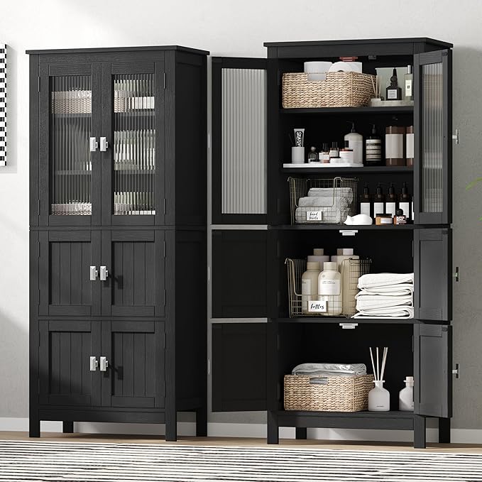 Akxomel 53.1" H Tall Bathroom Storage Cabinet, Bathroom Floor Cabinet with 6 Doors and Adjustable Shlef, Linen Cabinet, Pantry Cabinet for Living Room, Kitchen, Entryway, Black