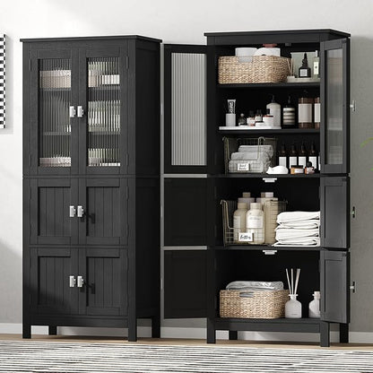 Akxomel 53.1" H Tall Bathroom Storage Cabinet, Bathroom Floor Cabinet with 6 Doors and Adjustable Shlef, Linen Cabinet, Pantry Cabinet for Living Room, Kitchen, Entryway, Black