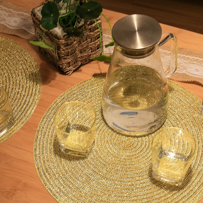 FunWheat Round Braided Placemats Set of 6 Table Mats for Dining Tables Woven Washable Non-Slip Place mats 15 inch(Shining Gold, 6pcs)