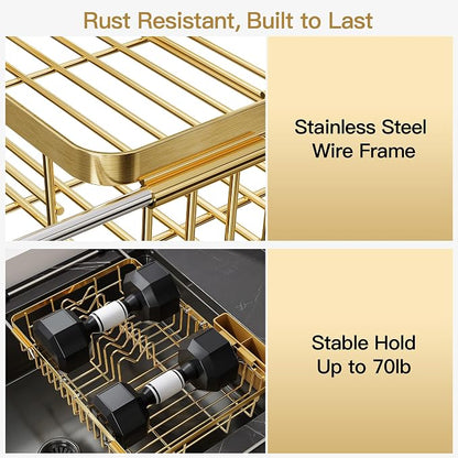 JASIWAY Gold Expandable Stainless Steel Dish Drying Rack Over The Sink for Small Kitchen, Counter Space Saving Compact Plate Drainer Strainer, Adjustable Hanging Metal Dish Dryer with Utensil Holder