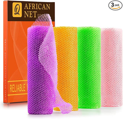 UJFQBH 4 Pieces African Net Sponge African Net Long Net Bath Sponge Exfoliating Shower Body Scrubber Back Scrubber Skin Smoother,Great for Daily Use (Purple, Orange, Green, Pink)