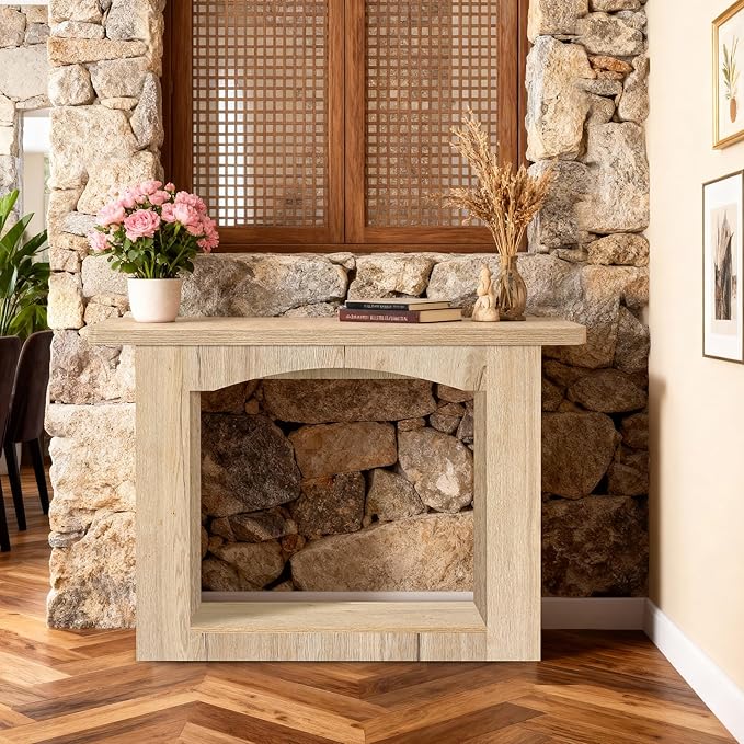 43 Inch Entryway Table U-Shaped Extension, 1.6 Inch Thick Desktop Wooden Console Table with Socket Farmhouse Sofa Table for Entrance, Hallway, Living Room,Behind Couch((Natural Brown)