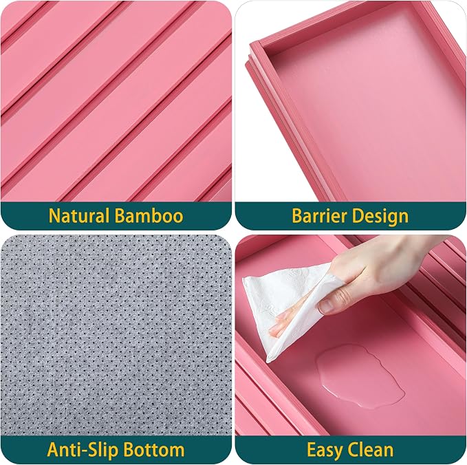 Bamboo Couch Arm Tray Table，Foldable Sofa Armrest Tray Table for Couch，Flexible and Anti-Slip Couch Arm Cup Holder，Portable Sofa Arm Chair Table for Drink,Cups, Eats，Snacks, Phone, Remote (Pink)