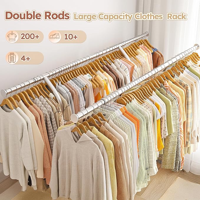 Raybee 74" W Heavy Duty Clothes Rack, Double Rods Clothing Rack Load 630 LBS, Rolling Clothes Racks for Hanging Clothes 400+, Garment Rack for Bedroom, Laundry Room, Retail Store