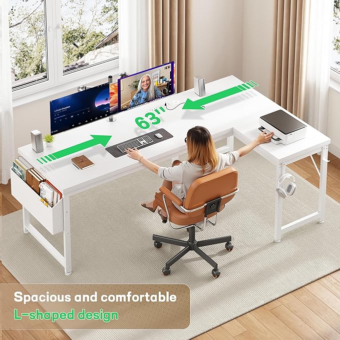 63 Inch L Shaped Desk with 0.95 Inch Thicker Desktop & Storage Bag, Computer Desk with Power Outlets & Lights, Reversible Desk for Home Office, Corner Desk, Study Room, Bedroom, White