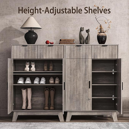 Fluted Shoe Cabinet, 4-Tier Mid Century Modern Narrow Shoe Storage Cabinet with Doors & 2 Drawers, Adjustable Shelves, Freestanding Hidden Shoe Rack Organizer & Wooden Legs for Entryway