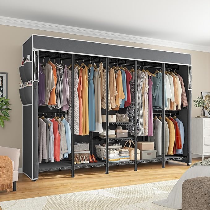 Raybee 90.6" W Clothes Rack with Cover Heavy Duty Clothing Racks for Hanging Clothes Extra Wide Portable Closet Loads 1200LBS Freestanding Garment Rack for Bedroom, Black
