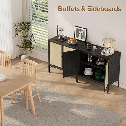 Yechen Set of 2 63" Sideboard Cabinet with Natural Rattan Doors, Buffet Console & Accent Cabinet, Rattan Credenza Storage with Metal Legs for Living Room, Kitchen, Dining Room/Black+Nautural
