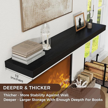 Floating Shelves for Wall, 48 Inch Wide x 12 Inch Deep Floating Shelves, Long Wood Floating Wall Shelf Shelves for Living Room Bathroom Bedroom Kitchen Home - (Black, 48" W x 12" D x 2" H)