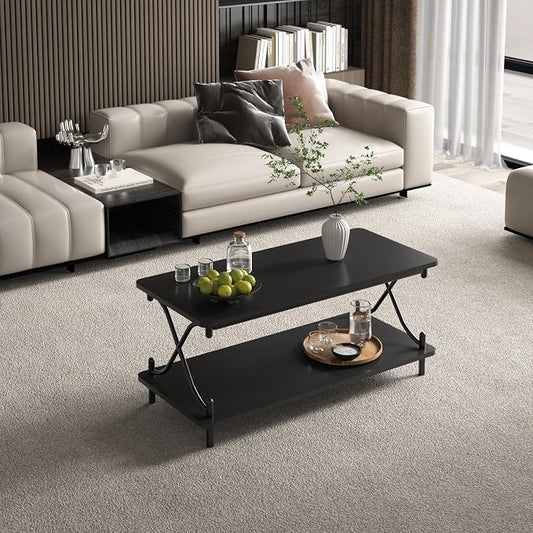 VECELO Coffee Table for Living Room with Round Corners Modern Farmhouse Center Table with Storage Shelf for Home Office 39 Inch, Easy Assembly, Matte Black