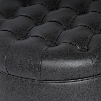 Homepop Home Decor | Button Tufted Faux Leather Round Storage Ottoman | Ottoman with Storage for Living Room & Bedroom (Black Faux Leather)