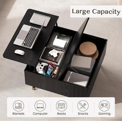 JOINICE 32" Square Lift Top Coffee Table with Storage, Modern Black Center Table for Living Room, Minimalist Wood Cocktail Table with Rising Desktop, Home Office