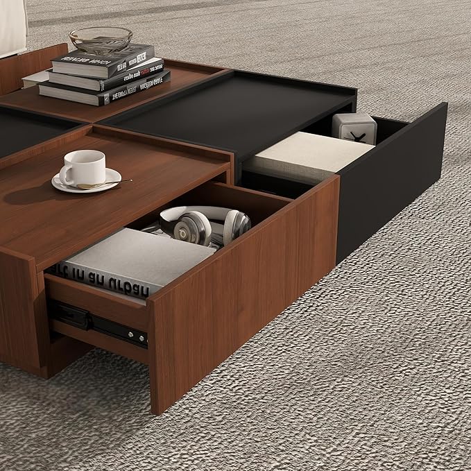 Coffee Table with Storage,Modern Center Table with 4 Hidden Drawers for Living Room,Rectangle Coffee Table for Home Furniture,Bedroom,Dark Walnut and Black