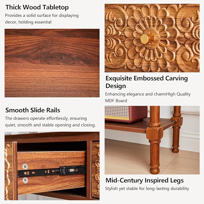 55.5" Carved Console Table with 3 Drawers, 2-Tier Sofa Table with Glossy Floral Surface and Solid Wood Legs, Mid-Century Modern Entryway Table for Living Room Hallway (Walnut)