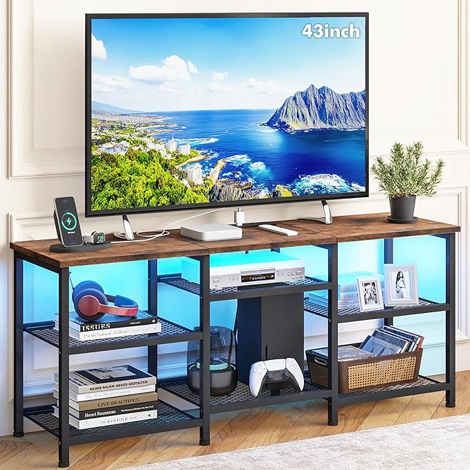YGEOMER TV Stand for Living Room TVs Up to 50 Inches, Entertainment Center with Power Outlet and LED Lights Open Storage Shelves, TV Console for Bedroom, Rustic Brown