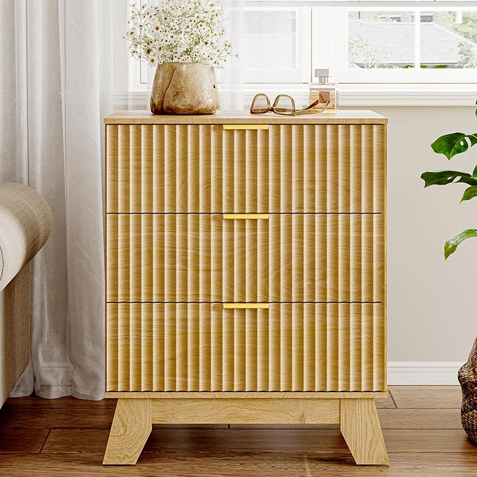 Fluted 3 Drawer Dresser for Bedroom, Mid Century Modern Beside Table with Metal Handle, Wooden Nightstand with 5 Drawers End Table for Living Room, Closet, Entryway, Oak