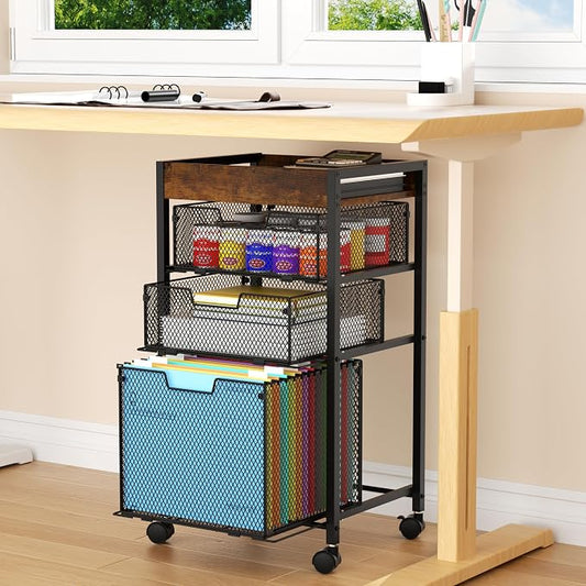 SWTYMIKI Rolling File Cart with Drawers - 4 Tier Under Desk Storage Craft Rolling Organizer Cart - Office Storage &Organization, Mobile Metal Filing Cabinet for Office and Home Espresso