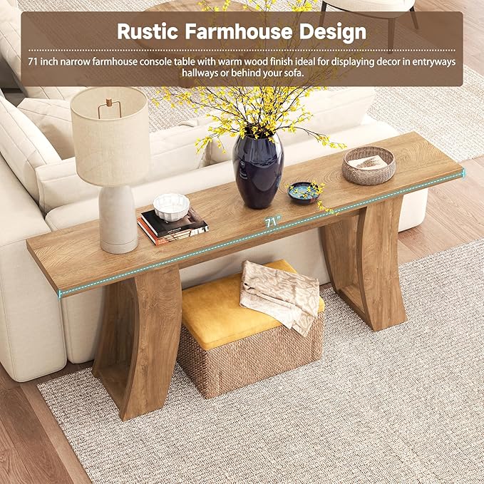 70.9-Inch Wood Console Table for Entryway Living Room, Extra Long Rectangular Natural Sofa Tables with Farmhouse Wooden Curved Base for Home Hallway Couch Foyer Entrance, Light Brown Oak
