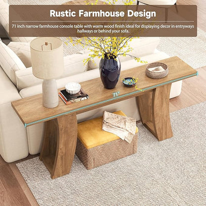 70.9-Inch Wood Console Table for Entryway Living Room, Extra Long Rectangular Natural Sofa Tables with Farmhouse Wooden Curved Base for Home Hallway Couch Foyer Entrance, Light Brown Oak