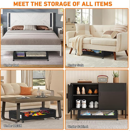 Under Bed Storage with Wheels, 2 Pack Under Bed Storage Containers with Clear Lids, XXL 65L Under Bed Storage Organizer, Rolling Under Bed Metal Drawer for Blanket, Clothes, Shoes (31 x 17 x 6.69 in)