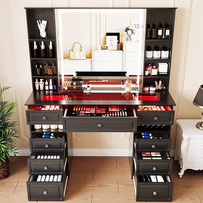 Vanity Desk with Mirror and Light, Glass Top Dresser with 9 Drawers, Vanity Table with Storage, Dressing Table, Bedroom Makeup Desk for Women (Black-Glass Top)