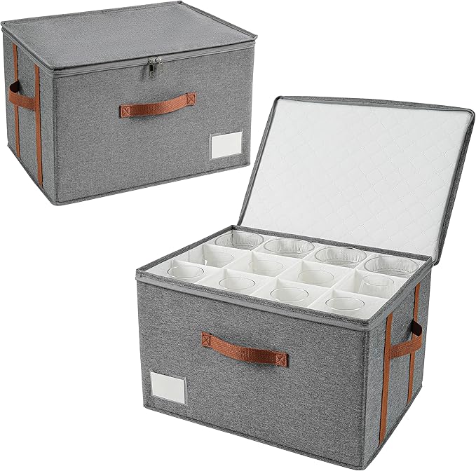 Stemware Storage Cases,Wine Glass Storage Box,with Dividers,Holds 12 Red or White Wine Glasses, Durable Glassware Storage Containers for Crystal or Stemware (Grey red, 2 Stemware storage cases)