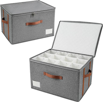 Stemware Storage Cases,Wine Glass Storage Box,with Dividers,Holds 12 Red or White Wine Glasses, Durable Glassware Storage Containers for Crystal or Stemware (Grey red, 2 Stemware storage cases)