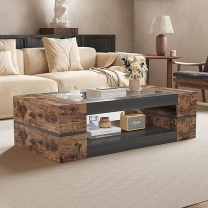 HedoAjim 47.2" Modern Stylish Coffee Table with Glass Table Top, Large Living Room Table Rectangular 2-Tier Center Tables with Storage, Wood Cocktail Tea Tables for Dining Reception Room (Rustic)