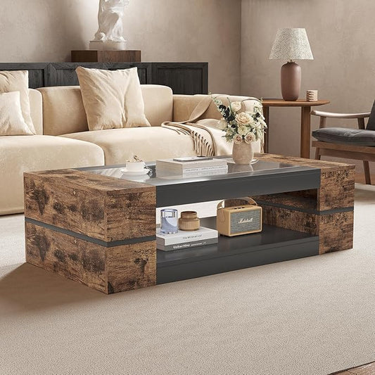 HedoAjim 47.2" Modern Stylish Coffee Table with Glass Table Top, Large Living Room Table Rectangular 2-Tier Center Tables with Storage, Wood Cocktail Tea Tables for Dining Reception Room (Rustic)