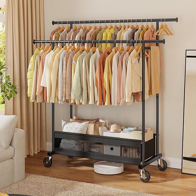 Clothes Rack, Clothing Racks for hanging clothes, Rolling clothes rack with Storage Basket & Heavy Duty Wheels, Double rods clothing rack for Bedroom, Laundry Room, Black