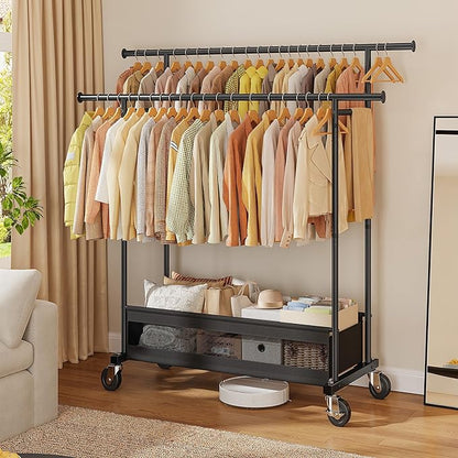 Clothes Rack, Clothing Racks for hanging clothes, Rolling clothes rack with Storage Basket & Heavy Duty Wheels, Double rods clothing rack for Bedroom, Laundry Room, Black