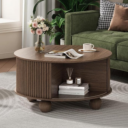 SULIVES Round Coffee Table with Storage, Unique Circle Coffee Table with Sliding Door,Fluted Accent Center Table with Bun Feet for Living Room, Walnut