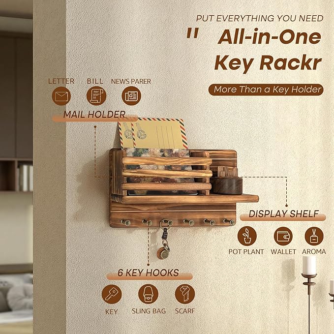 Rebee Vision Pine Wood Key Holder Wall Mount - Key Holder for Wall with Mail Slot Can Store Letters and Papers - Rustic Farmhouse Room Decor for Entryway, Living Room(Retro Brown)