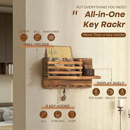 Rebee Vision Pine Wood Key Holder Wall Mount - Key Holder for Wall with Mail Slot Can Store Letters and Papers - Rustic Farmhouse Room Decor for Entryway, Living Room(Retro Brown)