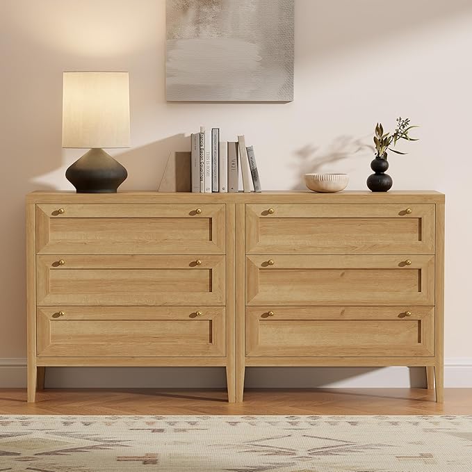Dresser for Bedroom with 3 Drawers, Modern Closet Storage Organizer with Golden Handles, Wood Nightstand End Table for Living Room, Bedroom, Entryway, Hallway, Natural Oak