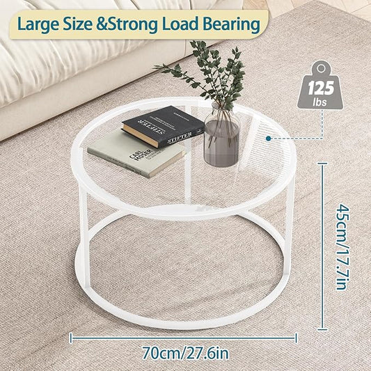 Round Glass Coffee Table for Living Room,Minimalist Modern Center Table with Metal Frame for Small Space,Easy Assembly,27 x 27In, White