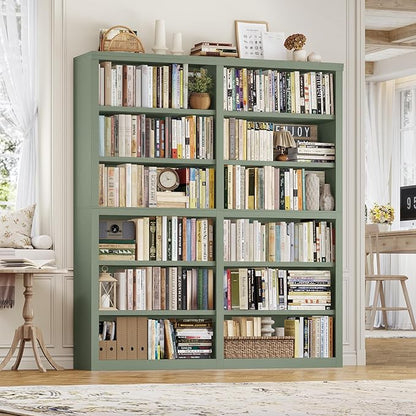 HOSTACK 63" W Open Book Shelf, 73" Tall Bookshelf with Storage, Modern Green Bookshelf, Large Bookcase with 12 Display Shelves, 6 Tier Wooden Book Case for Living Room, Home Office, Library, Green