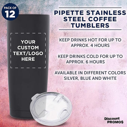 Custom Pipette Stainless Steel Coffee Tumblers 20 oz. Set of 12, Personalized Bulk Pack - Double Wall, Perfect for Coffee, Hot Cocoa, Other Hot & Cold Beverages - Black