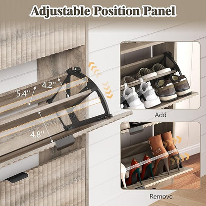 Shoe Cabinet Storage for Entryway with 6 Flip Drawers, Fluted Narrow Shoe Organizer with Wooden Legs, Freestanding Slim Shoe Storage Hidden Shoe Rack Organizer for Front Door Entrance, Grey
