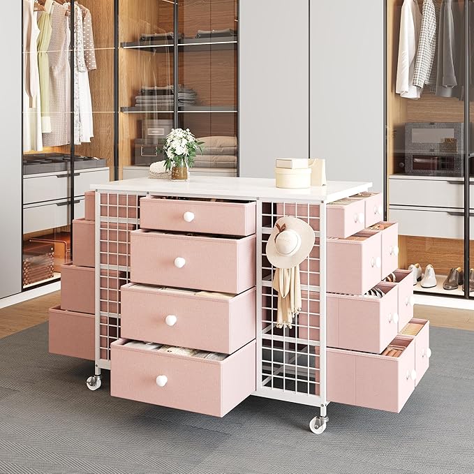 EnHomee 24 Drawers Dresser for Bedroom, Dressers & Chests of Drawers with 4 Wheels and 40“ * 23” Wide Wooden Top, Metal Frame, Organizer Island with Hooks for Bedroom, Cloakroom, Dressing Room, Pink