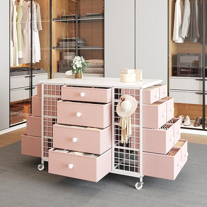 EnHomee 24 Drawers Dresser for Bedroom, Dressers & Chests of Drawers with 4 Wheels and 40“ * 23” Wide Wooden Top, Metal Frame, Organizer Island with Hooks for Bedroom, Cloakroom, Dressing Room, Pink