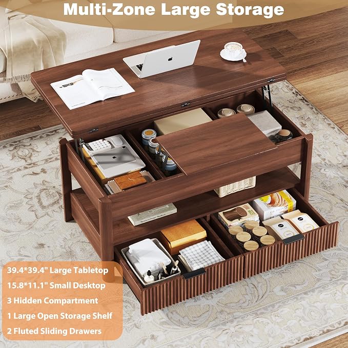 HUAHUU 40" Lift Top Coffee Table, 4 in 1 Square Coffee Table with Storage Shelf & 2 Drawers, Modern Coffee Tables with Lift Tabletop, Converts to Dining Table for Living Room, Home Office, Walnut