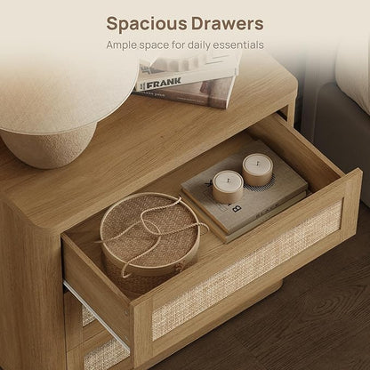 SICOTAS Rattan Night Stand Set 2, 26.8" Wide Oversized Nightstand with 3 Large Drawers, Push-Close & Kid-Safe Curved Edges, Boho Bedside Table End Table for Bedroom Sofa Side Home Office, Amber Oak