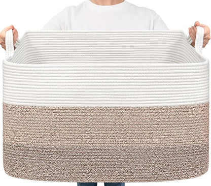 Goodpick Large Woven Blanket Basket 23.6" x 15.7" x 13.8" Cotton Rope Storage Organizer for Dirty Clothes Pillows, Soft Toy Storage Basket for Nursery Home Decor, White & Light Brown
