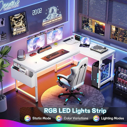 L Shaped Desk with 0.95 Inch Thicker Desktop & Storage Bag, Computer Desk with Power Outlets & Lights, Reversible Gaming Desk for Home Office, Corner Desk, Study Room, Living, Bedroom, White