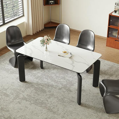 59'' Modern Dining Table, Sintered Stone Kitchen Table, Rectangular Slate Patio Table with Metal Legs, Indoor-Outdoor, Backyard, Scratch and Heat Resistant